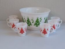 Vintage Hazel Atlas Milk Glass CHRISTMAS TREE Eggnog Punch Bowl & Cups 7pc Set picture