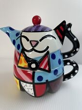 Romero Britto Pottery Art Cat With Teapot And Cup 3 Pc Set 2008 Retired picture