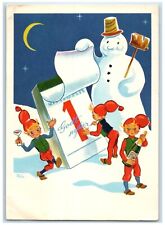 c1930's New Year Calendar Children Champagne Snowman Winter Scene Postcard picture