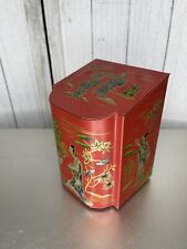 Vintage Chinese Tea Tin Assymetrical Box Red Gold with Hinged Flip Lid picture