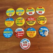 13 Vtg 70s Pinback Buttons - I love me, Scram, Wanna fat lip~Funny~made in Japan picture