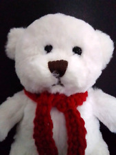 Teddy Bear Plush White Hand Crochet Red Scarf Soft Very Cute NEW picture