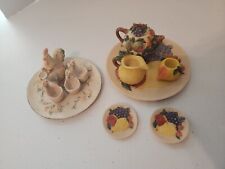 2 Miniature Tea Party Sets. Vintage~1995 Resin Colorful Fruit & Rooster 13pc picture