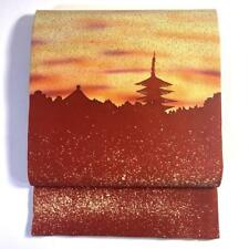 Japanese 1796 Nagoya Obi Silk Shiose Five-Storied Pagoda Yellow Vermilion Orange picture
