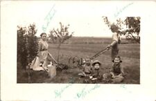 RPPC Postcard Farm Family Doing Garden Yard Work  Hand Tiller & Lawn Mower 12493 picture