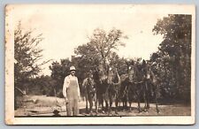 RPPC c1910 Farmer Overalls Four Handsome Mules Posing in Harness A25 picture