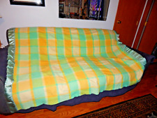 Montgomery Ward 100% wool plaid green blue yellow satin trim blanket 64x80 Vinta picture