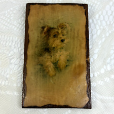 Vintage 40s dog wall art painting wood Slab yorkie 1949 retro Terrier Rare 4x6 picture