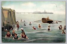Postcard By Summer Seas Woman Swimming In Ocean Pier Old Swim Suits Bathing picture