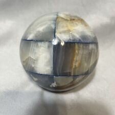 Stone Paperweight, Large Onyx Sphere, Banded Patchwork, Earth Tones, 4