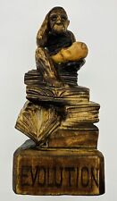 Old Carved Wood Darwin Evolution Thinking Monkey w/ Skull on Books Sculpture picture