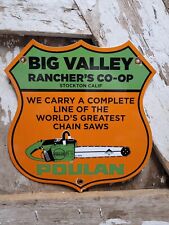 VINTAGE POULAN PORCELAIN SIGN OLD BIG VALLEY RANCHERS CHAINSAW FARM TOOLS DEALER picture