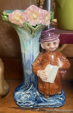 HAPPY HOOLIGAN Antique Majolica Little man Brown Derby Blue Vase/pink flowers... picture
