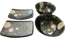 Japanese Sushi Plate and Rice Bowl Set for 2 - Black Silver Gold Spheres KAFUH picture