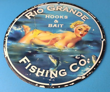 Vintage Rio Grande Sign - Hooks, Bait, Tackle, Lures, Fish Minnow Gas Pump Sign picture
