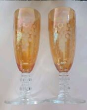 Vintage Bohemia Amber Irredescient Crystal Etched Grapes Leaves Champagne Flutes picture