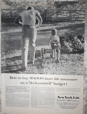 1957 New York Life Vintage Print Ad Insurance Health Accident Father Son Mowing picture