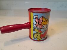 Vtg c1940s US Metal Toy Mfg Tin Litho Clowns Noise Maker Shaker Wooden Handle picture