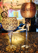 Vintage Bohemian Mosaic Crackle Glass Artist Decor Candle Holder Golden Fire Set picture