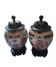 2 Vintage Hand Painted Lidded Ginger Jar, Wooden Lid And Stand, Hong Kong picture