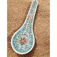 Vintage Chinese Porcelain Spoon With Floral Design & Green Swirls picture