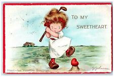 1912 Valentine Greetings Girl Golfing Heart House RPO Posted Antique Postcard picture
