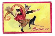 Early 1900's Tucks #174 Halloween Postcard Witch & Cat Riding a Broom picture