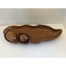 Vtg Mid Century Modern Monkey Pod 3 Piece Wooden Divided Leaf Dish Serving Tray picture