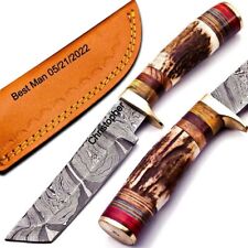 Personalized Stag Horn Antler Handle Damascus Steel Fixed Blade Handmade Knife picture