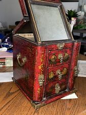 Vintage Chinese Wooden Jewelry Box Red Fold Mirror 3 Drawers and Foldout Sides. picture
