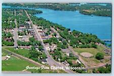 Chetek Wisconsin WI Postcard Greetings Bird's Eye View City Of Lakes c1960's picture