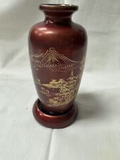 Vintage Lacquered Wood Vase Deep Red Color With Gold Hand Painted Design picture