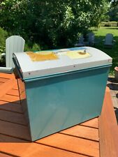 rare Vintage Worcester Ware Mid Century Trunk Chest Tin Teal - Great Graphics picture