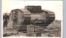 BRITISH TANK FROM WEST FRONT WW1 real photo postcard rppc britannia ~CREASED picture