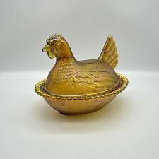 Indiana Glass Hen on a Nest, Carnival Amber Iridescent, Beaded Basket picture