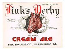 Unused 1930s U-Permit PENNSYLVANIA Harrsiburg FINK'S DERBY CREAM ALE 12oz Label picture
