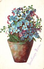 Vintage Postcard Greetings From Blue Forget Me Nots Flowers In Brown Vase picture