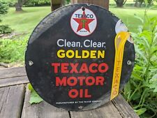 VINTAGE GOLDEN TEXACO GASOLINE MOTOR OIL PORCELAIN GAS STATION PUMP SIGN picture