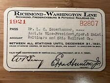 1921 RICHMOND WASHINGTON LINE ANNUAL PASS RICHMOND, FREDERICKSBURG & POTOMAC RR picture