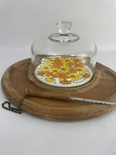 VTG Goodwood Teak Cheese Board With Glass Dome & Knife Charcuterie 1970s Floral picture