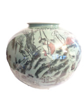 Beautiful Korean Celadon Vase With Scene People Trees Girl On Swing Signed picture