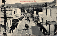 Seaside OR Bridge Main St. Horse Riders Auto Wagon Troy Laundry Conn Drug Co picture
