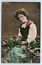 Postcard Tinted RPPC Pretty German Woman Flowers in Lap and in Her Hair EAS picture