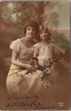 c1900s Tinted Photo RPPC Postcard Mother & Little Girl Flowers 