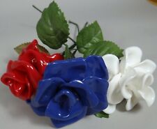 Vtg Melted Plastic Flowers Red White Blue Roses Artificial Stem Leaves 10in Cool picture