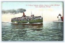 c1910 S.S. City Benton Harbor Lake Michigan Lighthouse Chicago Illinois Postcard picture