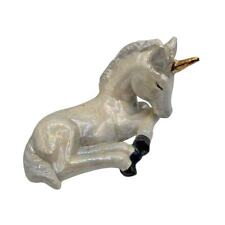 Vintage 1990s Pearlized Unicorn Figurine Ceramic Laying Down Gold Horn picture