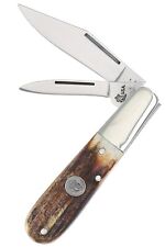 Queen Barlow Pocket Knife 1095 Carbon Steel Blades Brown Stag Handle Made in USA picture