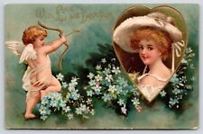 Clapsaddle Valentine~Gossamer Cupid Takes Aim~Pretty Young Lady in Heart~1905 PC picture