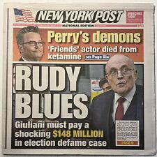 NEW YORK POST - 12/16/23 - FRONT:  RUDY BLUES - MATTHEW PERRY DEATH BY KETAMINE picture